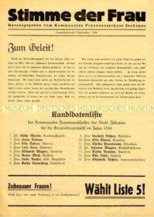 Wahlaufruf des Kommunalen Frauenausschusses Zschopau zu den Gemeinderatswahlen 1946