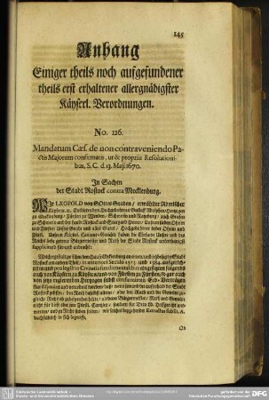 Anhang Einiger theils noch aufgefundener Theils erst erhaltener allergnädigster Kayserl. Verordnungen