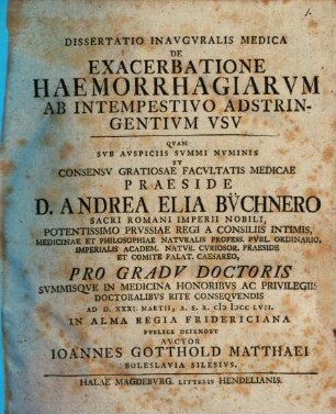 Dissertatio Inavgvralis Medica De Exacerbatione Haemorrhagiarivm Ab Intempestivo Adstringentivm Vsv