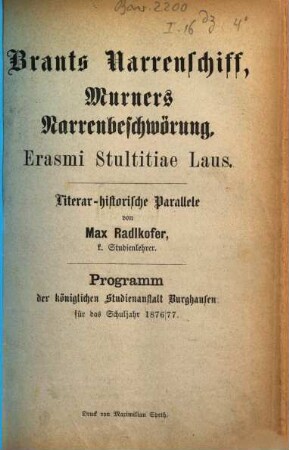 Brants Narrenschiff, Murners Narrenbeschwörung, Erasmi Stultitiae Laus : literar-historische Parallele