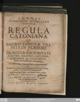 Dissertatio Inauguralis Iuridica De Regula Catoniana