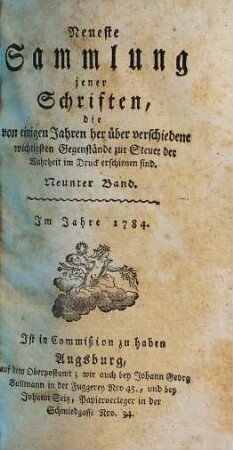 Neueste Sammlung jener Schriften, die von einigen Jahren her über verschiedene wichtigste Gegenstände zur Steuer der Wahrheit im Drucke erschienen sind, 9