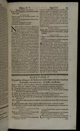 Disputatio V. De potestate Abbatum, & Prælatorum inferiorum circa Sacrosanctum Eucharistiæ Sacramentum, & Missæ Sacrificium.