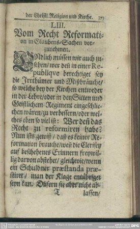 LIII. Vom Recht Reformation in Glaubens-Sachen vorzunehmen
