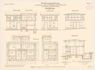 Garnison, Mutzig Wohnhäuser für drei Wallmeister: Stall: Grundrisse, Aufriss Vorderansichten und Giebelansicht, Längsschnitt 1:50