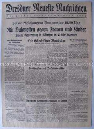 Abendausgabe (Nachrichtenblatt) der "Dresdner Neueste Nachrichten" zur Lage in der Tschechoslowakei und dem Verlauf der Verhandlungen in München