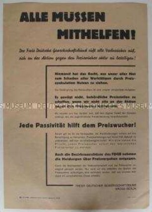 Maueranschlag mit einem Aufruf des FDGB Berlin zum Kampf gegen Preiswucher
