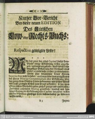 Kurzer Vor-Bericht Bey dieser neuen Edition