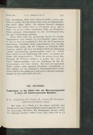 VII. Abschnitt. Ergänzungen zu den Sätzen über das Wärmegleichgewicht in Gasen mit zusammengesetzten Molekülen
