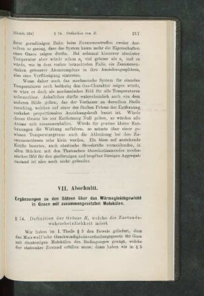VII. Abschnitt. Ergänzungen zu den Sätzen über das Wärmegleichgewicht in Gasen mit zusammengesetzten Molekülen