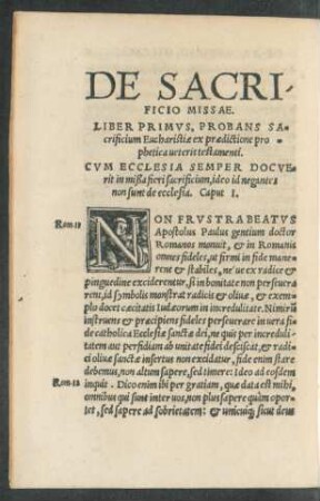 De Sacrificio Missae. Liber Primus, Probans Sacrificium Eucharistiae ex praedictione prophetica veteris testamenti.