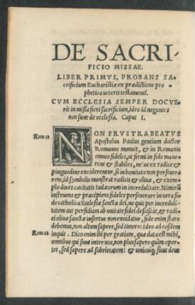 De Sacrificio Missae. Liber Primus, Probans Sacrificium Eucharistiae ex praedictione prophetica veteris testamenti.