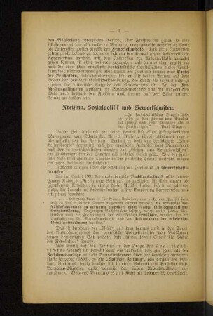 Freisinn, Sozialpolitik und Gewerkschaften.