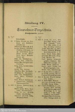 Abteilung IV. Häuserbuch : Abteilung IV. Einwohner-Verzeichnis. Straßenweise geordnet.