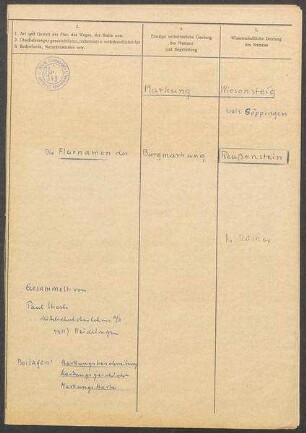 Fragebogen und Karte Burgmarkung Reußenstein auf Markung Wiesensteig, OA Geislingen