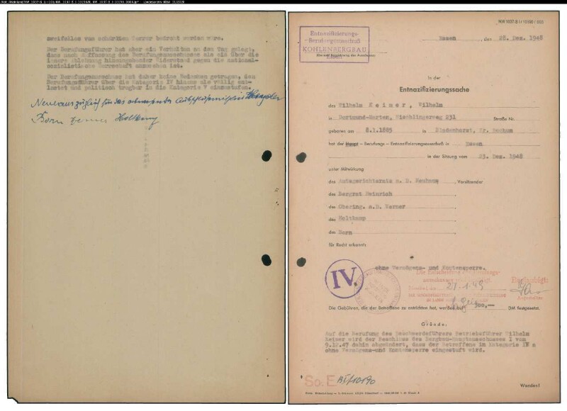 Entnazifizierung Wilhelm Keimer , geb. 08.01.1885 (Betriebsleiter)