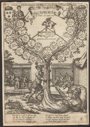 Anstandt auf ein Iar zwischem dem König von Franckereich und Navarra gemacht zu Tours 26 April 1589, Illustration mit den beiden Fürsten, Stammbaum, der aus König Ludwig entspringt, sowie Szenen im Hintergrund von 1588 und 1589