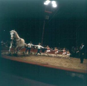 Zirkus Krone. Kinder bilden eine Kette am Schwanzn des Pferdes