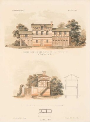 Stallung, Wagenremise und Kutscherwohnung in Gersons Villa, Berlin-Tiergarten: Grundriss, Ansichten, Querschnitt (aus: Architektonisches Skizzenbuch, H. 31, 1857)