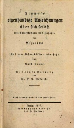 Linné's eigenhändige Anzeichnungen über sich selbst : mit Anmerkungen und Zusätzen von Afzelius