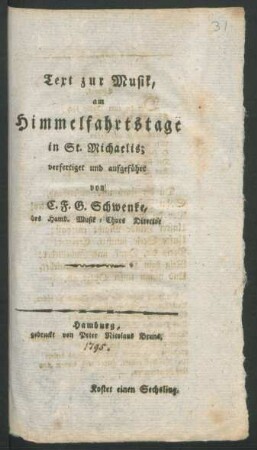 Text zur Musik, am Himmelfahrtstage in St. Michaelis
