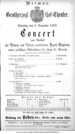 Concert zum Vortheil der Wittwen und Waisen verstorbener Kapell-Mitglieder, unter gefälliger Mitwirkung der Frau Dr. Moritz