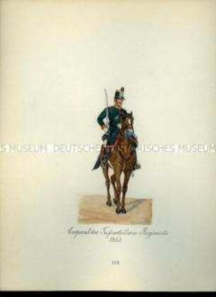 Uniformdarstellung, Korporal des Fuß-Artillerie-Regiments. Aus: Sammelmappe "Sachsens Militär", Königliche Arsenalsammlung.