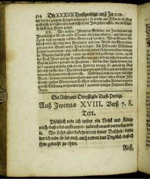 Die Acht und Dreyssigste Trost-Predigt. Auß Jeremiæ XVIII. Verß 7.8.
