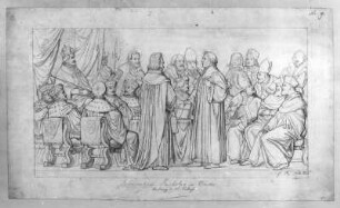 Reformation, Reichstag zu Worms : Rietschel, Ernst. Relief für die Aula des Leipziger Augusteums. Reformation, Reichstag zu Worms. Bleistift auf hellelfenbeinfarbenem Velin; 26,7 x 45,7 cm. Februar 1836. Privatbesitz (Nachlass des Künstlers). WVZ 256