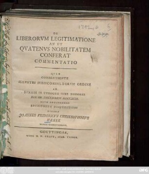 De Liberorvm Legitimatione An Et Qvatenvs Nobilitatem Conferat Commentatio
