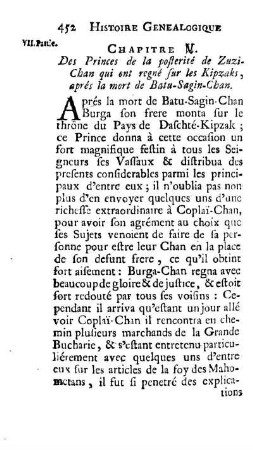 Chapitre II. Des Princes de la posterité de Zuzi-Chan qui ont regné sur les Kipzaks aprés la mort de Batu-Sagin-Chan
