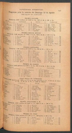Hipódromo Argentino - Programa para la reunión del domingo 15 de agosto [de 1909 ]