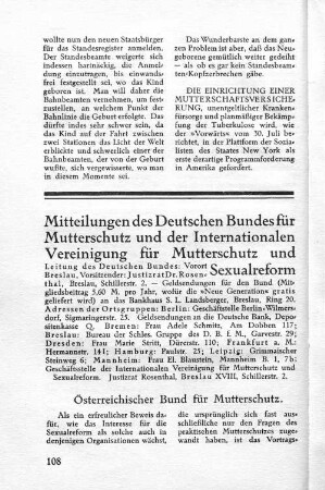 Mitteilungen des Deutschen Bundes für Mutterschutz und der Internationalen Vereinigung für Mutterschutz und Sexualreform