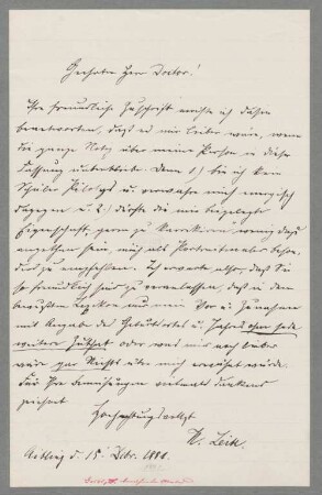 Wilhelm Leibl (1844-1900) Autographen: Brief von Wilhelm Leibl an Allgemeines Künstlerlexikon - BSB Autogr.Cim. Leibl, Wilhelm.1