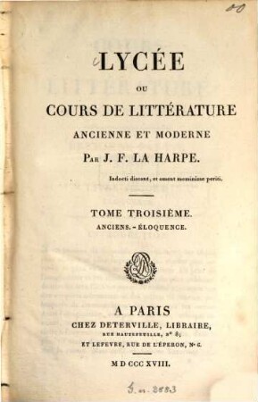 Lycée ou cours de littérature ancienne et moderne, 3. Anciens. Éloquence