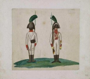Gemeiner vom sächsischen Infanterie-Regiment König (links) und Schützen-Unteroffizier vom sächsischen Infanterie-Regiment Niesemeuchel (rechts), Sachsen, um 1809