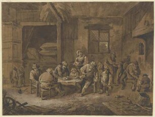 Inneres einer Schenke mit zechenden Bauern, einer Magd und Kindern