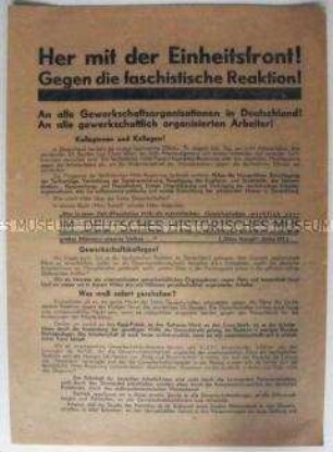 Propagandaflugblatt für die Schaffung der antifaschistischen Einheitsfront