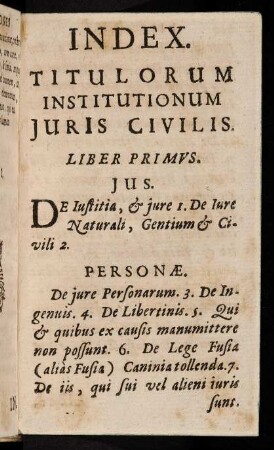 Index Titulorum Institutionum Juris Civilis.