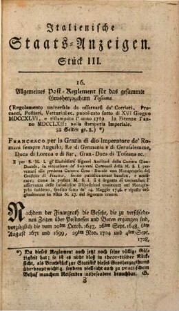 Staatsanzeigen von Italien : meistens aus italienischen Urkunden und öffentlichen Staats-Schriften. 1,3, 1. 1785, St. 3
