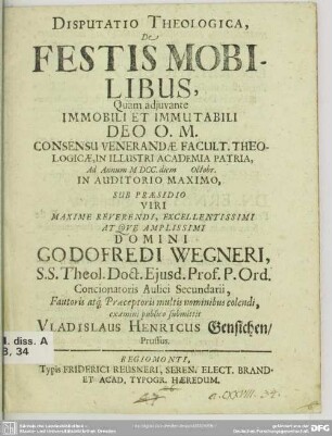 Disputatio theologica de festis mobilibus