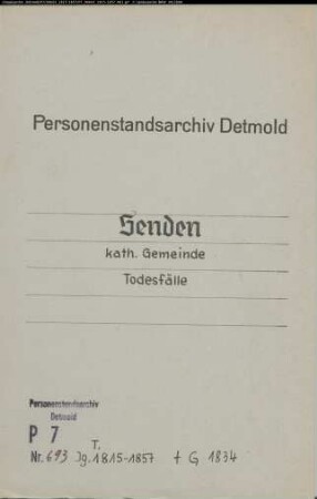 Kirchenbuchduplikate der Katholischen Gemeinde Senden (Todesfälle 1815-1857). (Gemeinde: Senden, Katholische Gemeinde)