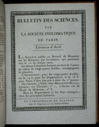 Bulletin Des Sciences, Par La Société Philomatique De Paris. Livraison d' Avril.