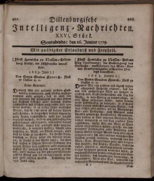 XXVI. Stück. Sonnabends: den 26. Junius 1779.