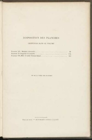 Disposition des planches contenues dans ce volume