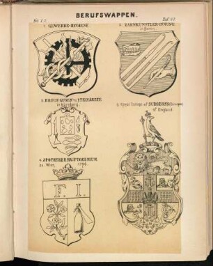 Taf. 47. -1. Gewerbe-Hygiene. - 2. Zahnkünstlerin-Innung in Berlin. - 3. Bruch-Augen- und Steinärzte in Nürnberg. - 4. Apotheker Hauptgremium zu Wien 1796. - 5. Royal College of Surgeons (Chirurgen) of England.