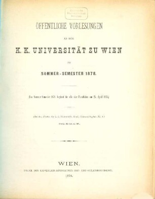 Vorlesungsverzeichnis. 1878, 1878. SS