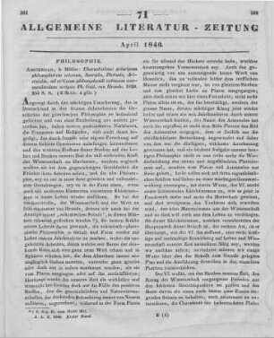 Heusde, P. W. v.: Characterismi principum philosophorum veterum, Socratis, Platonis, Aristotelis. Ad criticam philosophandi rationem commendandam ... . Amsterdam: Müller 1839