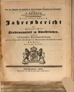Jahresbericht über die Königliche Studienanstalt zu Zweibrücken : für das Studienjahr ... ; bekannt gemacht am Tage der öffentlichen Preisevertheilung ... 1826/27 (1827)