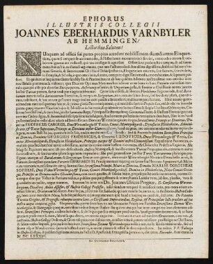 Ephorus Illustris Collegii Joannes Eberhardus Varnbyler Ab Hemmingen, Lectoribus Salutem!